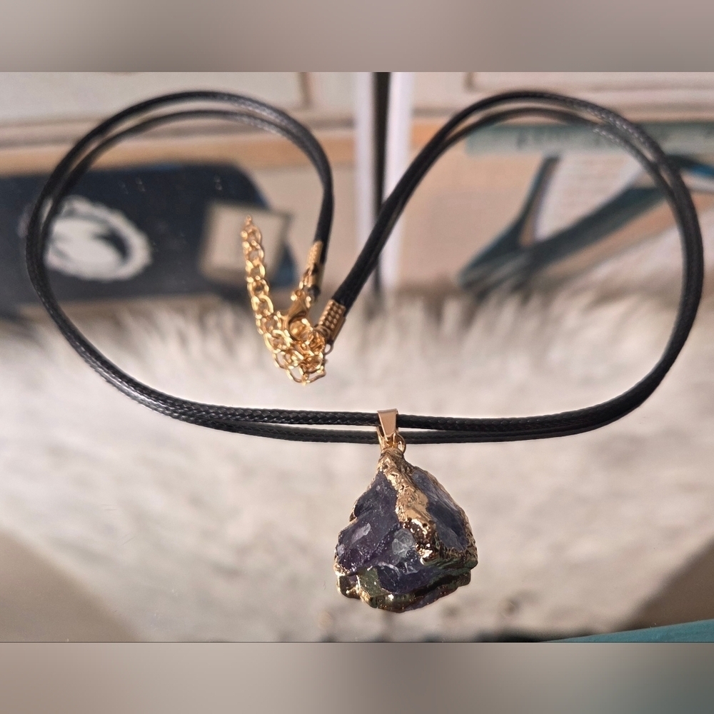 Hearth & Stone Co. Natural Uncut Flourite Pendant W/ Leather Rope & Gold Foils